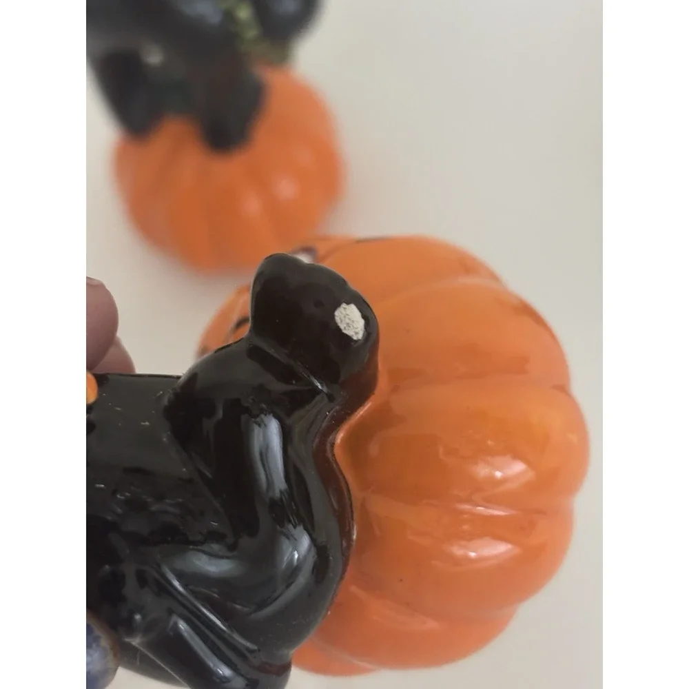 Trio of Ceramic Halloween Cat On Pumpkin Figurines Vintage Inspired Spooky